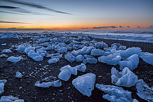 冰岛,冰川冰,火山岩,海滩,冰河,泻湖,日出