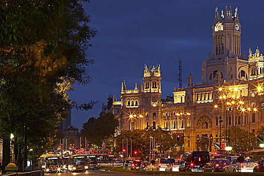 西班牙,马德里,街景,阿卡拉大街,西贝列斯广场,晚间