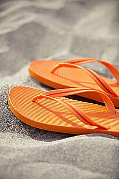 橙色,人字拖鞋,沙滩