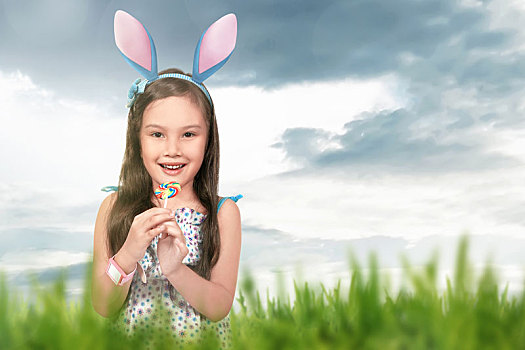亚洲人,小女孩,穿,兔子,耳,拿着,棒棒糖