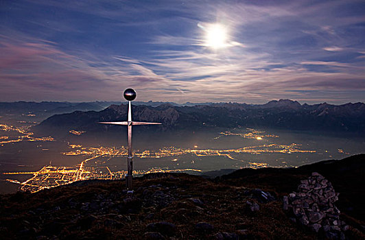 顶峰,山,东方,瑞士,月光,人造光源,莱茵河谷,奥地利,欧洲