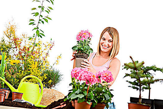 园艺,高兴,女人,拿着,花盆,花