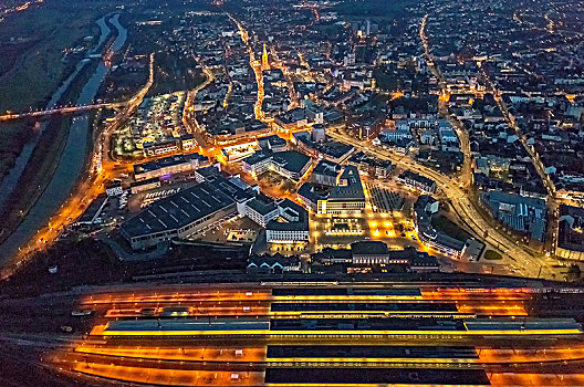 风景,哈姆,夜晚,上方,中央车站,北莱茵威斯特伐利亚,科技,市政厅,前景,夜景