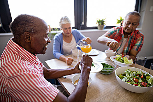 老人,人,果汁,沙拉,桌子,坐,养老院