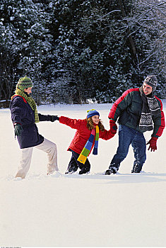 家庭,走,大雪,握手