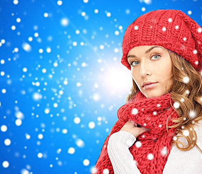 高兴,寒假,圣诞节,人,概念,少妇,红色,帽子,围巾,上方,蓝色,雪,背景