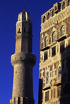 也门,老城,清真寺,尖塔