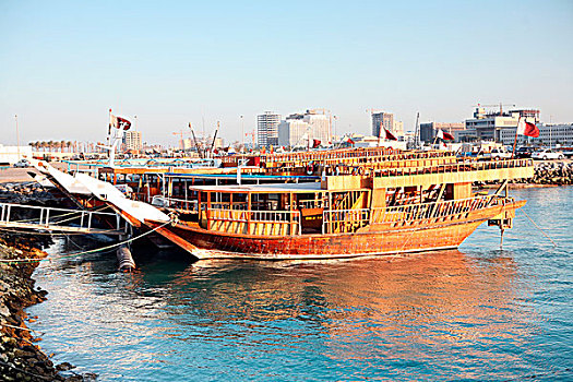 排,独桅三角帆船,捆绑,港口,卡塔尔,等待,室外,高兴,旅游
