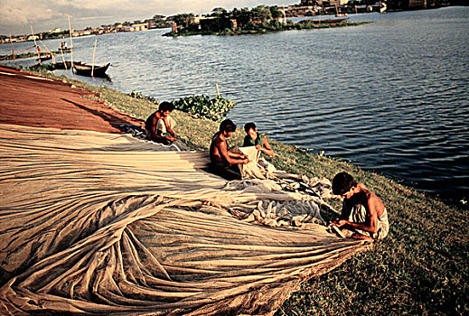 渔民,修理,网,捕鱼,孟加拉