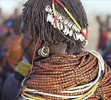 女人,穿戴,许多,珠子,木头,一个,部落,人,生活方式,奥莫河,埃塞俄比亚西南部,形态,局部