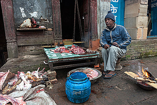 街道,屠夫,肉,销售,街上,巴克塔普尔,尼泊尔,亚洲