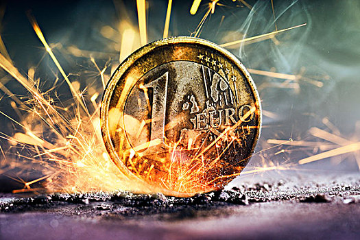 1欧元,硬币,火花,象征,欧元,危机