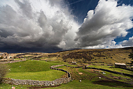石墙,风,草地,乌云,接近,英格兰