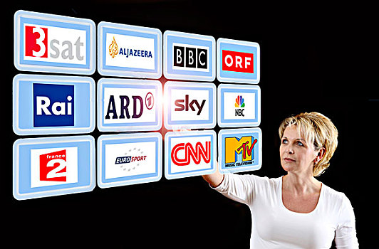 女人,工作,虚拟,显示屏,触摸屏,欧洲,电视,车站