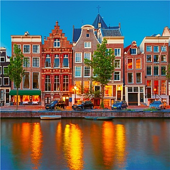 夜晚,城市风光,阿姆斯特丹,运河,荷兰人,房子