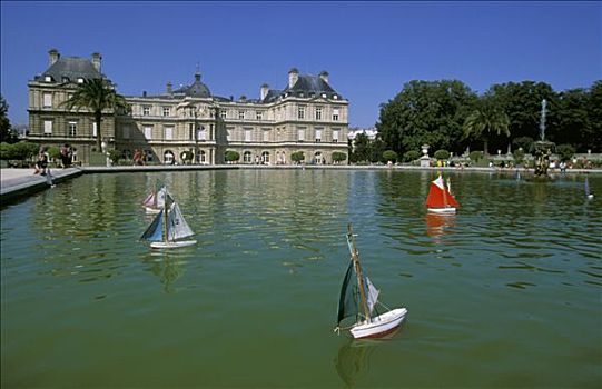 法国,巴黎,卢森堡,花园,小,船,盆地,宫殿,背景