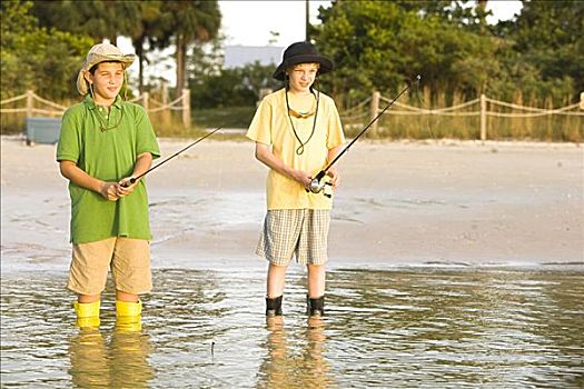 两个男孩,捕鱼,湖