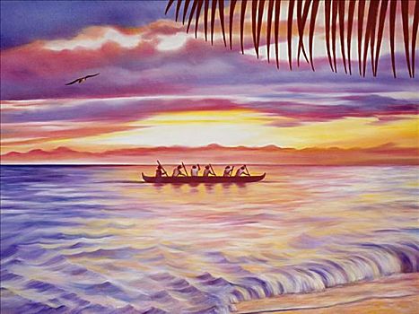 桨手,海洋,日落,彩色,天空,反射,框架,棕榈叶,油画