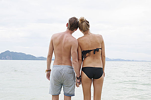 后视图,年轻,情侣,握手,海滩,泰国