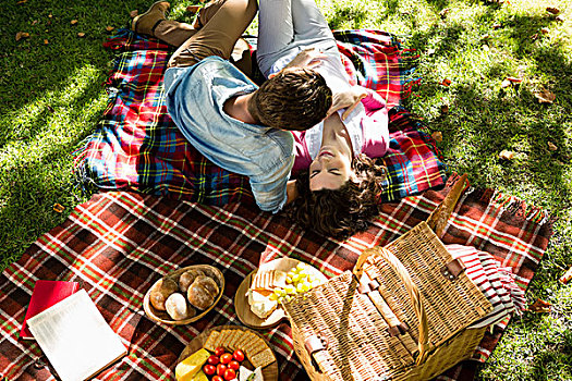 浪漫,情侣,躺着,野餐毯,公园,晴天