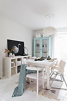 白色,就餐区,现代,椅子,木桌子,淡色调,展柜,背景