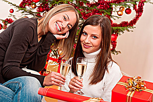 两个,女青年,香槟,圣诞树,礼物