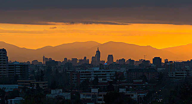全景,天际线,日落,市区,智利圣地牙哥,智利