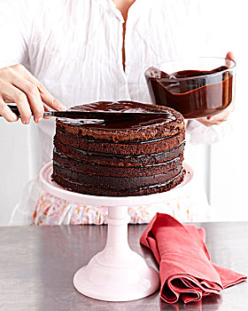 女人,糖衣,巧克力,分层蛋糕