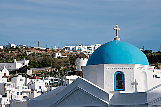 希腊,基克拉迪群岛,米克诺斯岛,特色,刷白,教堂,屋顶,展示,传统,建筑,历史,风车,远景,大幅,尺寸