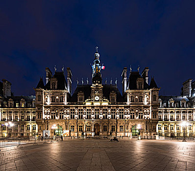市政厅,夜晚,巴黎,法兰西岛,法国,欧洲