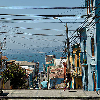 风景,街道,房子,海洋,瓦尔帕莱索,智利