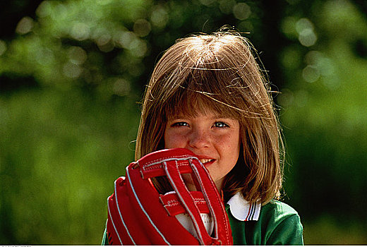 女孩,肖像,棒球手套
