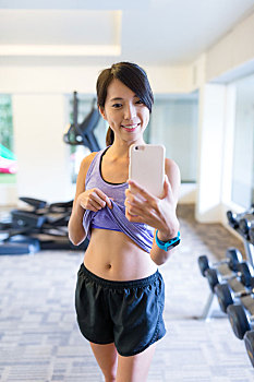 运动,女人,智能手机,镜子,健身房