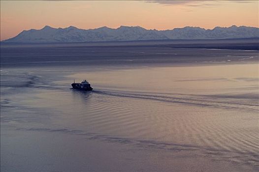 俯视,集装箱船,离开,库克海峡,日落,阿拉斯加