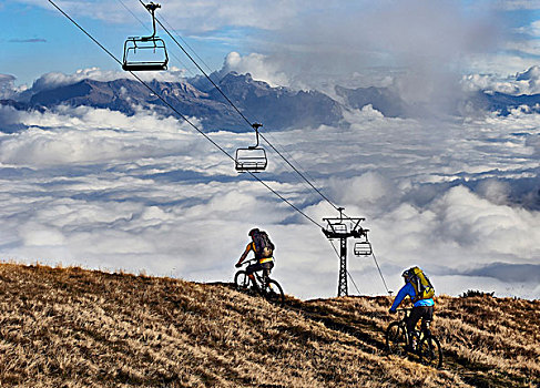 两个,山地车手,缆车,瓦莱,瑞士