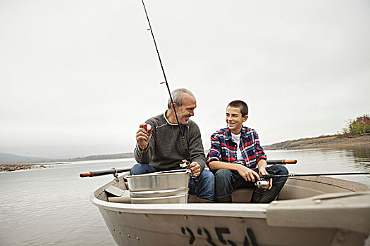 湖,一个,男人,男孩,坐,钓鱼,船