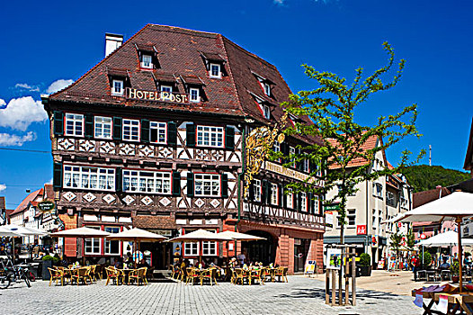 历史,半木结构,酒店,柱子,纳戈尔德,黑森林,巴登符腾堡,德国,欧洲