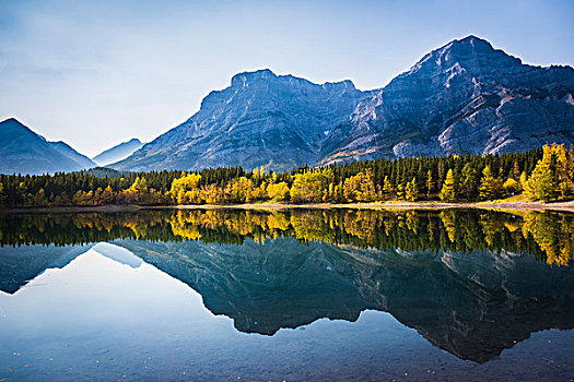 静止的水,楔形的池塘,在秋天,基斯国,阿尔伯塔,加拿大
