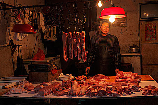 男人,销售,肉,店,夜晚,上海,中国