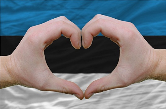 心形,喜爱,手势,展示,上方,旗帜,爱沙尼亚,背影