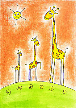 三个,高兴,长颈鹿,绘画,水彩画,纸
