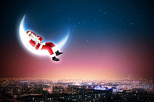 圣诞老人,月亮,高处,城市,夜晚