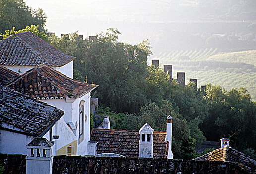葡萄牙,奥比都斯,14世纪,墙壁,围绕,山,城镇,刷白,房子