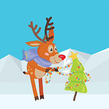 圣诞树饰,卡通,可爱,大黄蜂,鹿,围巾,装饰,小,云杉,星,花环,雪山,背景,矢量,插画,准备,寒假,圣诞树
