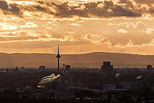风景,曼海姆,电视塔,日落,逆光,巴登符腾堡,德国,欧洲