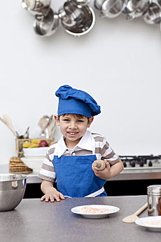 小男孩,蓝色,帽子,围裙,烘制
