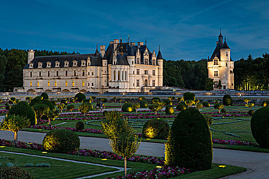 灯光,花园,波瓦第尔,舍农索城堡,卢瓦尔河谷,中心,法国