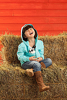 女孩,坐,干草包,拿着,小兔,三个,山,艾伯塔省,加拿大