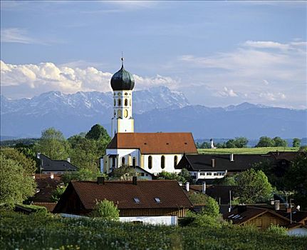 教区教堂,阿尔卑斯山,全景,山脉,上巴伐利亚,德国