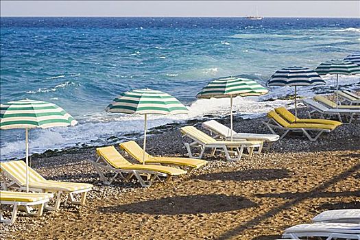 沙滩伞,休闲椅,海滩,罗得斯,多德卡尼斯群岛,希腊